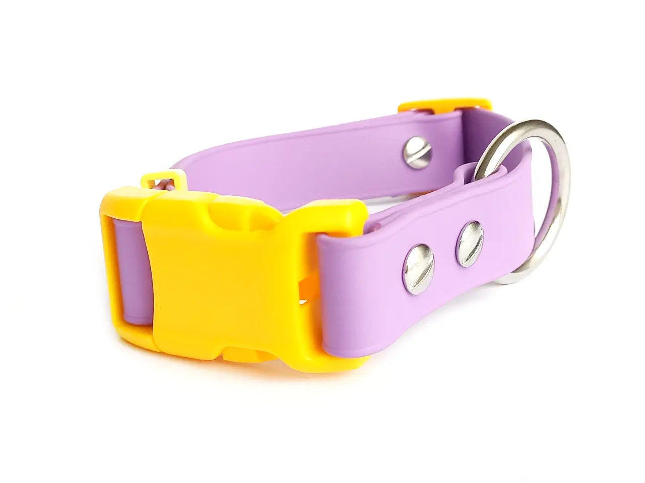 Collar ajustable para perro, fabricado en biothane color morado y acero inoxidable. Su broche es plástico en color amarillo.