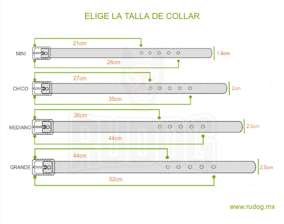 Especificaciones de cada talla de collar. Talla mini, para cuellos de 21 a 26 centimetros de grosor. Talla chica, para cuellos de 27 a 35 centimetros de grosor. Talla mediana, para cuellos de 36 a 44 centimetros de grosor. Talla grande, para cuellos de 44 a 52 centimetros de grosor. 